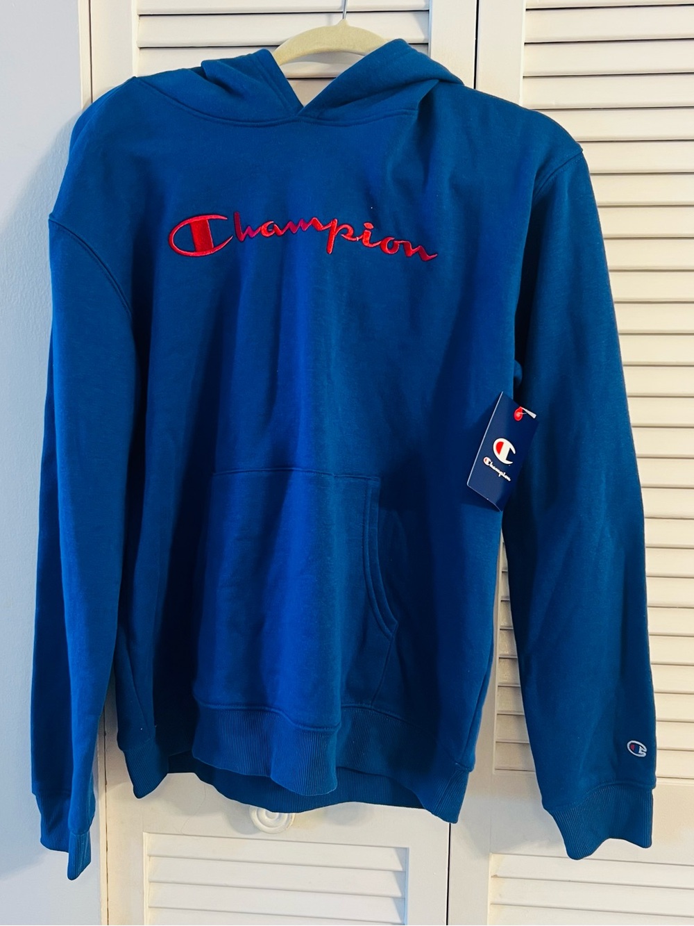 Champion Blue Crewneck Hoodie with Red Script Logo
